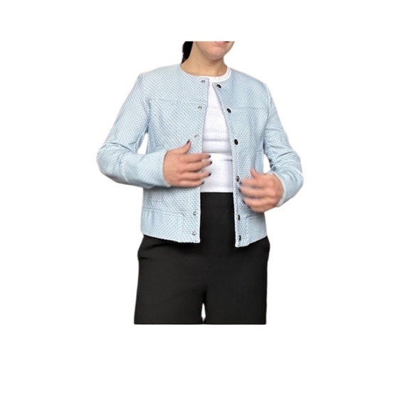 Zara Retro Soft Cropped Blazer in Light Blue and Cream with a Geometric Pattern - Picture 3 of 7